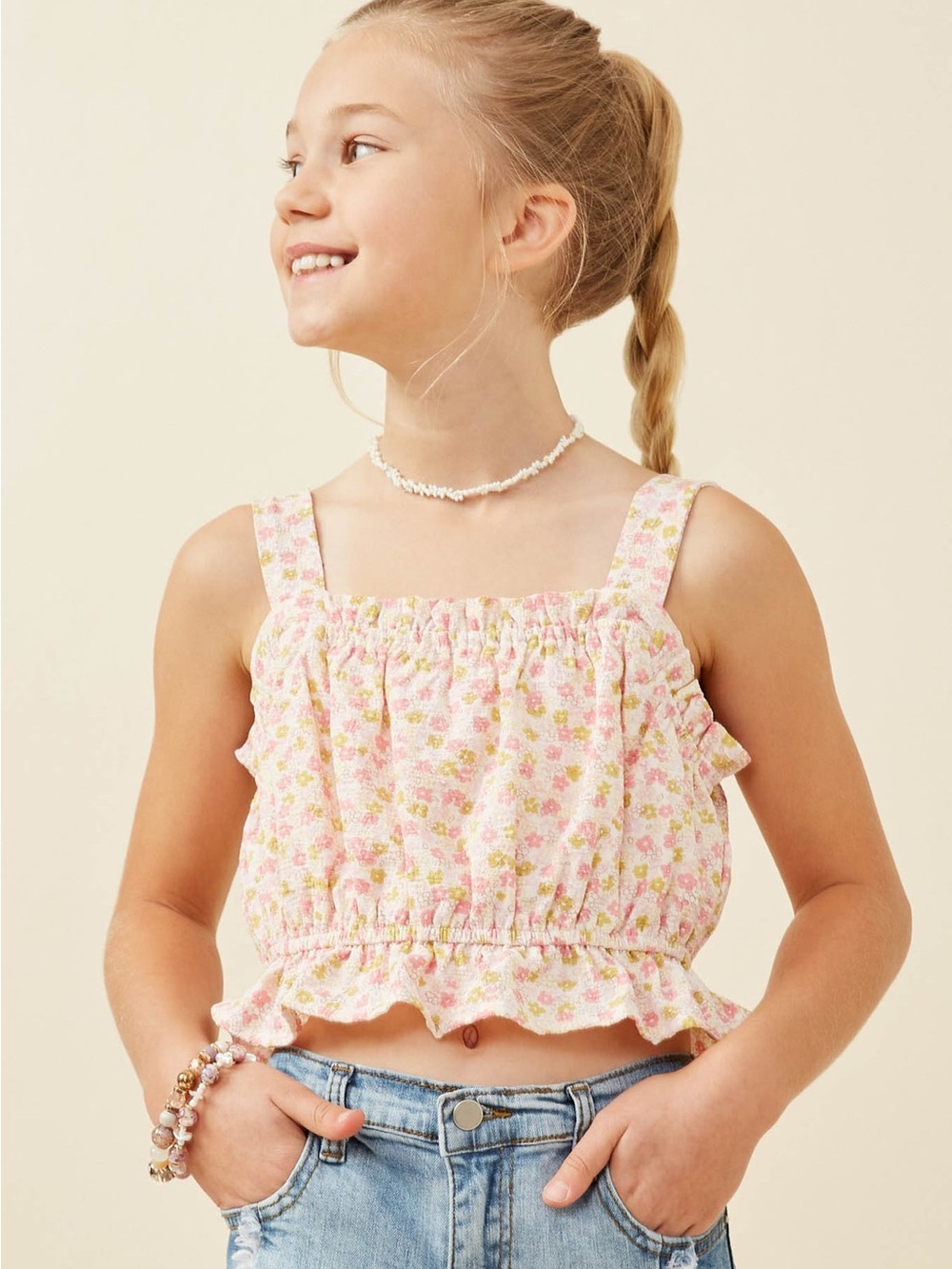 Hayden Girls Textured Ditsy Floral Crop Balloon Tank Medium